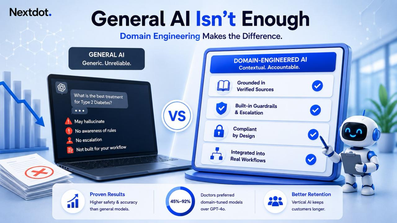 Domain-engineered vertical AI for healthcare, built from a base model, verified retrieval, guardrails with human escalation, and an audit layer, contrasted with a general horizontal foundation model