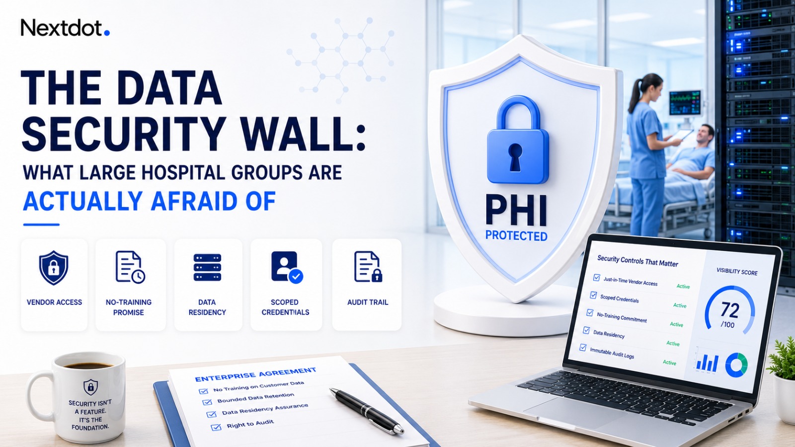 A PHI-protected security shield beside a dashboard of hospital AI security controls — just-in-time vendor access, scoped credentials, a no-training commitment, data residency, and immutable audit logs — with an enterprise agreement checklist